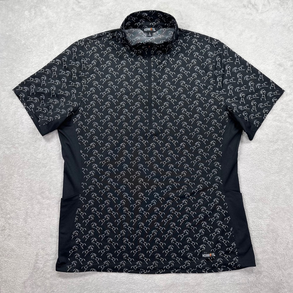 Kerrits Equestrian Top Women Large Black White Horse Print 1/4 Zip Short Sleeve